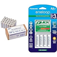 Eneloop Panasonic BK-3MCA24/CA AA 2100 Cycle Ni-MH Batteries 24 Pack & Panasonic K-KJ55MCA4BA Advanced Individual Battery 3 Hour Quick Charger with 4 AA Rechargeable Batteries, White