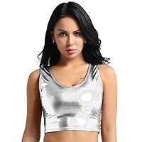 iiniim Fashion Women's Shiny Leather Metallic Sleeveless Scoop Neck Crop Tank Tops Vest Party Clubwear