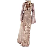 Beach Dresses for Women Fashion Women Sexy Sequins V Neck Full Sleeve Solid Girdle Party Dress