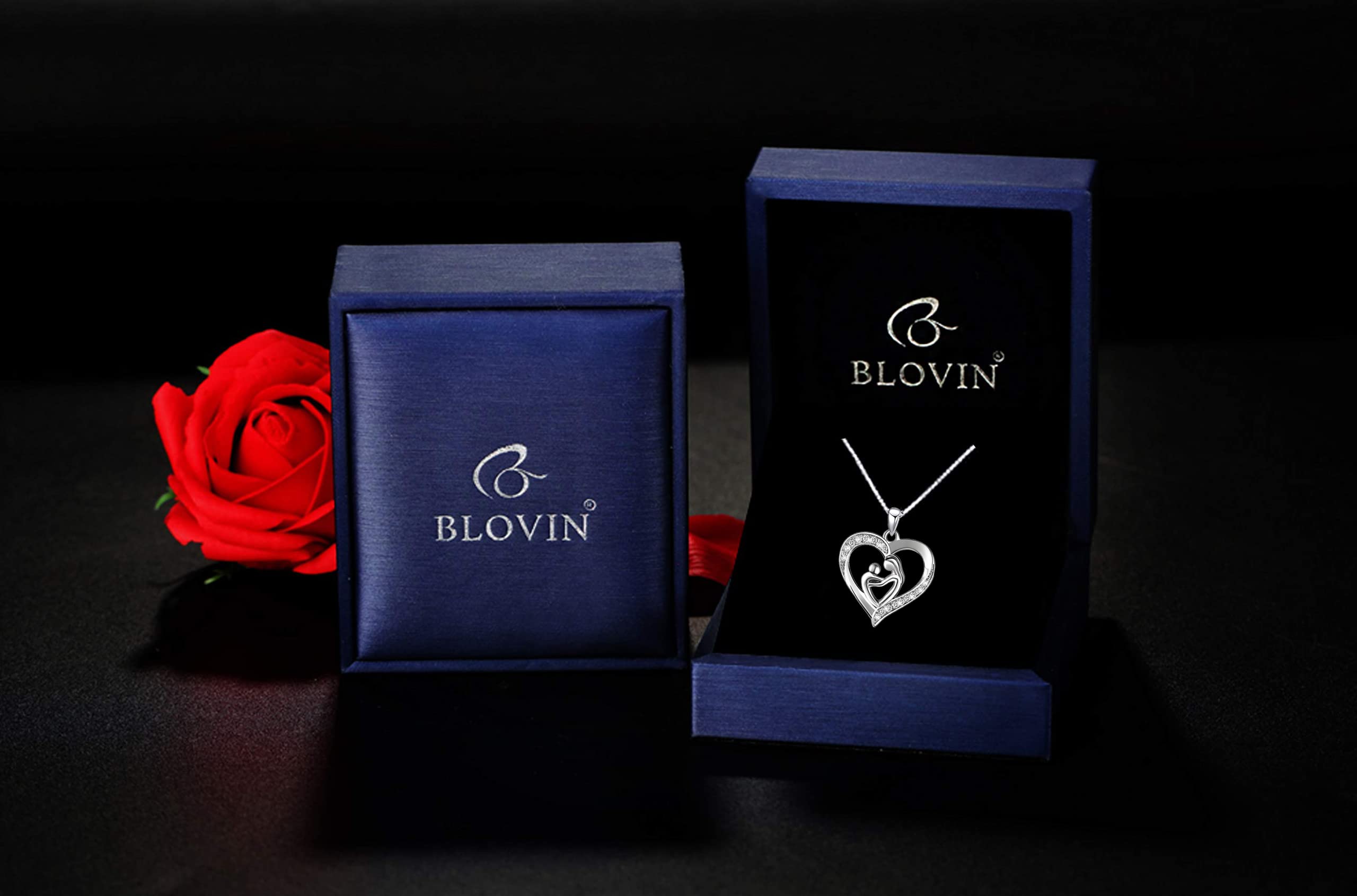 BLOVIN 925 Sterling Silver Mother and Child Love Heart Pendant Necklace Jewelry Gifts for Grandmother Mom Daughter Wife