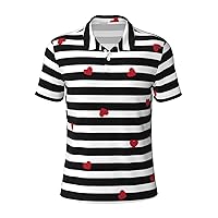 Black White Stripes Red Hearts Men's Casual Polo Shirts, Short Sleeve Golf Shirts Fashionable Quick Dry Men's Shirts