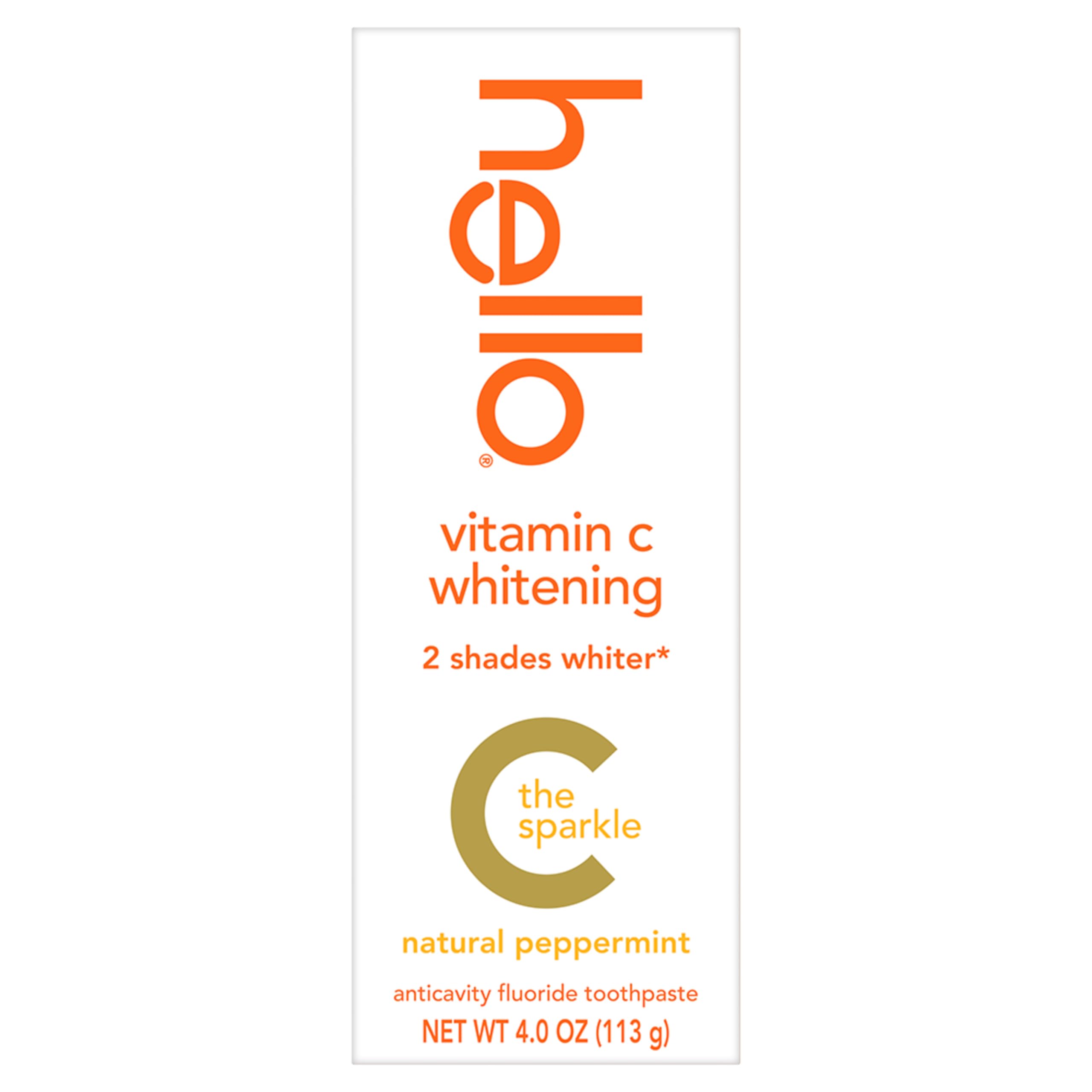 Hello Vitamin C Whitening Toothpaste with Fluoride, Teeth Whitening Toothpaste for Adults, Helps Freshen Breath and Removes Surface Stains, SLS Free, Natural Peppermint Flavor, 4.0 oz Tube
