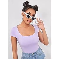 Womens Summer Tops Sexy Casual T Shirts for Women Square Neck Solid Slim Tee (Color : Lilac Purple, Size : X-Large)