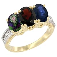 10K Yellow Gold Natural Mystic Topaz, Garnet & Blue Sapphire Ring 3-Stone Oval 7x5 mm Diamond Accent, Sizes 5-10