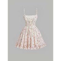 Dresses for Women Floral Print Lace Up Front Ruffle Hem Cami Dress (Color : Apricot, Size : X-Small)