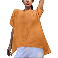 Women's Summer Solid Color Cotton Linen Shirts Fashion Keyhole Back Irregular Hem Short Sleeve Loose Round Neck Top