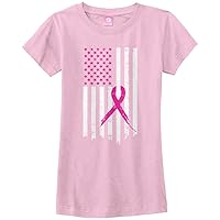 Threadrock Big Girls' Pink Ribbon Breast Cancer Awareness Flag Fitted T-Shirt