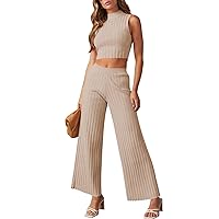 Pink Queen Women's Two Piece Outfits Sweater Sets Knit Crop Tops and Long Wide Pants Tracksuit Lounge Sets