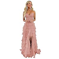 Tiered Lace Corset Prom Dresses 2024 Long Off Shoulder Chiffon Sweetheart A-Line Formal Evening Party Gowns with Slit