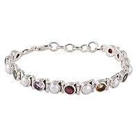 NOVICA Handmade Multigemstone Tennis Bracelet Cultured Freshwater Pearl from India .925 Sterling Silver Link Style Birthstone [7 in min L x 7.75 in max L x 0.3 in W] 'Sparkling Grace'