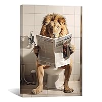 QIXIANG Bathroom Animal Wall Art Lion Sitting on the Toilet Reading Newspaper Picture Print on Canvas Bathroom Pictures Wall Decor Frame (Lion 1, 24.00