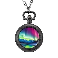 Northern Lights Vintage Pocket Watch Small Quartz Watches with Chain Custom Birthday Gift for Women Men