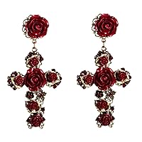 Resin & Cubic Zirconia Rose Cross Drop Earrings