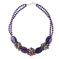 NOVICA Handmade Agate Beaded Necklace Jewelry Quartz Statement .925 Sterling Silver Carnelian Glass Purple Red Orange Thailand Amethyst Orchid Ultra Violet Birthstone 'Icy Lavender'