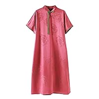 Women Dress Silk Fragrant Cloud Yarn Floral Pattern Jacquard Mock Neck Short Sleeve Red Improved Qipao 2771