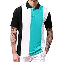 Men's Striped Color Block Polo Shirt Short Sleeve Button Down Casual Shirts Soft Lightweight Regular Fit Golf Shirts