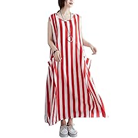 Women Maxi Dress Striped Sleeveless Summer Long Tank Vest Dresses Beach Sundress