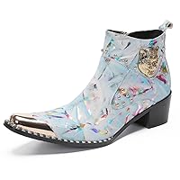 Men's Genuine Leather Metal-Tip Toe Zip Tiger's Head Chelsea Boots Fashion Casual Graffiti Zipper Party Ballroom Cowboy Ankle Boot