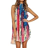 Women?s Summer Dress Sleeveless Ruffle Turtleneck Mini Dress 4th of July Loose Fit Short Flowy Pleated Sun Dress