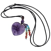 TUMBEELLUWA Handcarved Crystal Heart Pendant Necklace with 7 Chakra Beads Tassel Quartz Pendant with Cord Healing Stone Amulet for Unisex