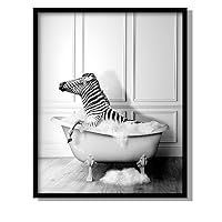Black and White Funny Animal Wall Art Washing Zebra Bathroom Picture Canvas Cute Framed Artwork Home Bedroom Decor(A, 8x10 inches)