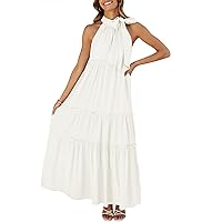 ZESICA Womens Summer Boho Halter Maxi Dresses 2024 Casual Sleeveless Pleated Tiered Flowy Beach Vacation Long Dress