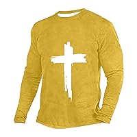Shirts for Men Jesus Cross Print Long Sleeve Christian Faith Graphic T Shirt Stylish Crewneck Pullover Tees Tops