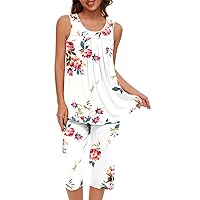 Women's Capri Pajama Sets Floral Print Sleeveless Sleepwear Tank Tops and Capri Pants 2Pcs Loungewear with Pockets