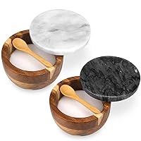 Wooden Salt Cellar Box with Marble Lid & Spoon, Modern Stone Salt or Pepper Sugar Spice Seasoning Bowl Container Jar Holder Well Keeper Dish Pig Crock for Kitchen （White and Black）