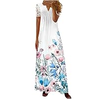 Women Lace Short Sleeve Floral Pleated Henley T-Shirt Dress Plus Size Summer Fashion Casual Swing Maxi A-Line Dress