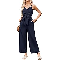 JASAMBAC Women Jumpsuits Dressy Casual Sleeveless Spaghetti Strap Loose Rompers Wide Leg Linen Summer Outfits with Pockets