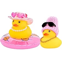 wonuu Pack of 2 Rubber Ducks, Love Heart Cowboy Hat Pearl Duck & Pink Knit Hat Duck, Car Dashboard Decorations Rubber Ducks for Car Ornament Accessories
