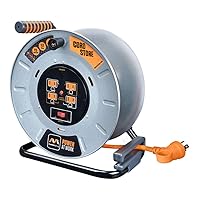 Power At Work Metal Steel Drum with Four Powered Outlets, Open Cord Reel with Winding Handle, Overload Circuit Breaker and Power Switch, 1 Foot 12AWG, High Visibility Cord, Orange