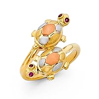 14k Yellow White Rose Gold Turtle Ring Two Turtles Curve Band CZ Good Luck Charm Tri Color Size 8