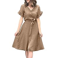 Spring/Summer V Neck Button Up Dress Solid Color Short Sleeved Dress Women's Flowy Swing Dresses Plus Size with Belt