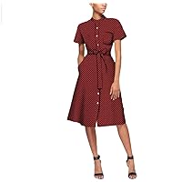 Women Short Sleeve African Dresses Casual Knee-Length Button Dress with Sashes