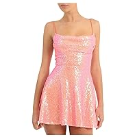 Women's Sequin Sparkly Cocktail Dress Spaghetti Strap Bodycon Mini Dresses Sexy Ruched High Waist Evening Party Prom Gowns