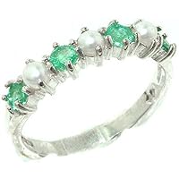 14k White Gold Cultured Pearl & Emerald Womans Eternity Ring