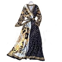 Women's Dashiki Medusa Dress Elegant Long Sleeve V Neck Luxury Plus Size Maxi Tie Up Girdle Waist Casual Dresses Female Summer Dress Large 134 cm Long Black