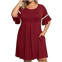 Women's Plus Size Dresses Round Neck Summer Casual Party Swing Dress with Long Sleeve Dresses Casual for Women