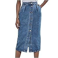 Button Down Midi Skirts for Women Slim Fit High Waist Denim Skirt Vintage Slit Pencil Skirts High Cut Split Jeans Long Skirt