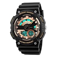FeiWen Fashion Digital Sport Men's Watches LED Analogue Quartz Double Time Outdoor Military 50 m Waterproof Plastic Shell with Rubber Strap Multifunctional Wristwatches, Gold