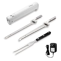 Professional Cordless Rechargeable Easy-Slice Electric Knife with 4 Reciprocating Serrated Stainless Steel Blades, Carving Meats, Poultry, Bread, Serving Fork Included, White