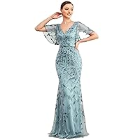 Summer Dresses for Women 2023 Flounce Sleeve Sequin Leaf Mesh Formal Dress (Color : Cadet Blue, Size : Medium)