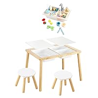 Beright Kids Table and Chair Set with Play Kitchen Sink Toy, Indoor Sensory Table with 2 Chairs and 3 Storage Bins, Play Sand Water Table for Toddlers, Wooden Activity Table, for Birthday, Christmas