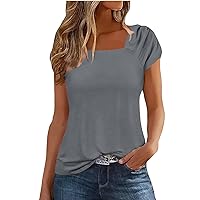 Casual Summer Shirts for Women Ruched Tops for Women 2024 Solid Color Simple Versatile Loose Fit Casual with Short Sleeve Square Neck Shirts Gray X-Large