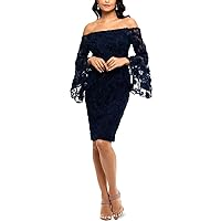 XSCAPE Womens Navy Lace Long Sleeve Off Shoulder Above The Knee Cocktail Body Con Dress Petites 8P