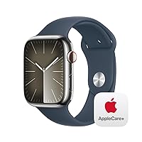 Apple Watch Series 9 [GPS + Cellular 45mm] Smartwatch with Silver Stainless Steel Case with Storm Blue Sport Band M/L with AppleCare+ (2 Years)