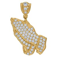 10k Yellow Gold Mens CZ Cubic Zirconia Simulated Diamond Praying Hands Religious Charm Pendant Necklace Jewelry for Men