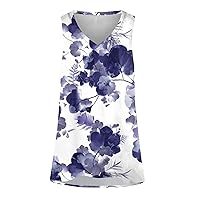 Women's V Neck Tank Top Lightweight Sleeveless Vest Print Sexy Floral Loose Fit Belly Cover Top Pleated Tank Top